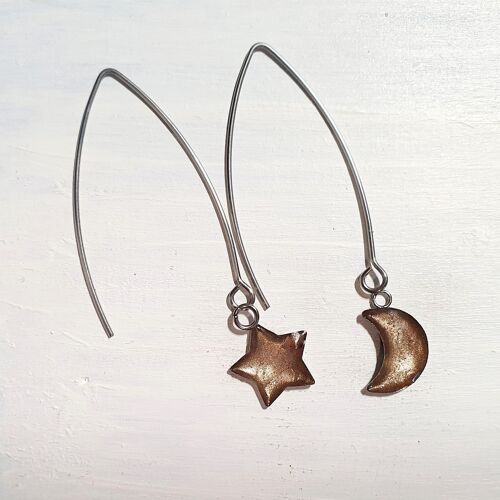 Long wire drop star& moon earrings - Latte pearl ,SKU892