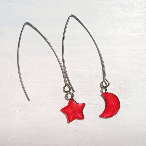 Long wire drop star& moon earrings - Red pearl ,SKU893