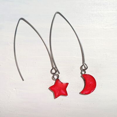 Pendientes largos de alambre con forma de estrella y luna - Perla roja, SKU893
