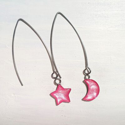 Pendientes largos de alambre con forma de estrella y luna - Perla de hilo de caramelo, SKU894