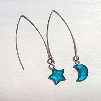 Aretes largos de alambre con forma de estrella y luna - Aguamarina iridiscente, SKU895