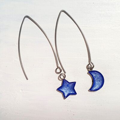Pendientes largos de alambre con forma de estrella y luna - Perla de aciano, SKU896