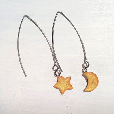 Long wire drop star& moon earrings - Gold ,SKU897