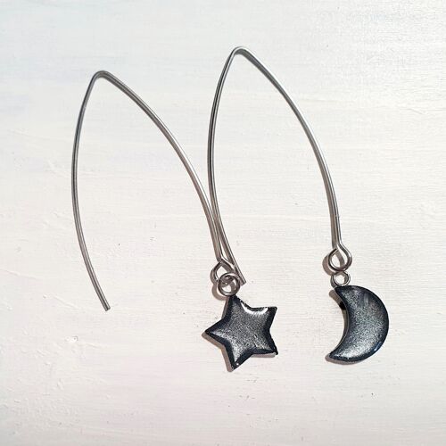 Long wire drop star& moon earrings - Silver ,SKU898