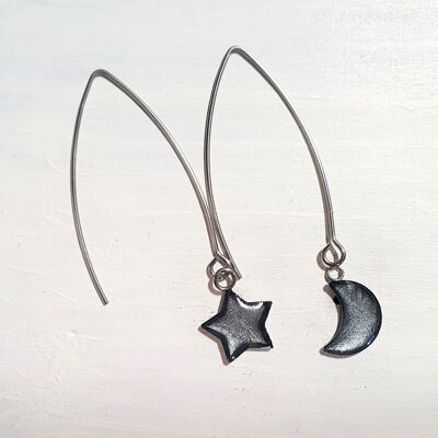 Pendientes largos de alambre con gota de estrella y luna - Plata, SKU898