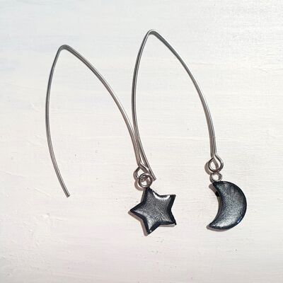 Long wire drop star&moon earrings - Silver ,SKU898