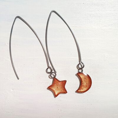 Pendientes largos de alambre con forma de estrella y luna - Cobre, SKU899