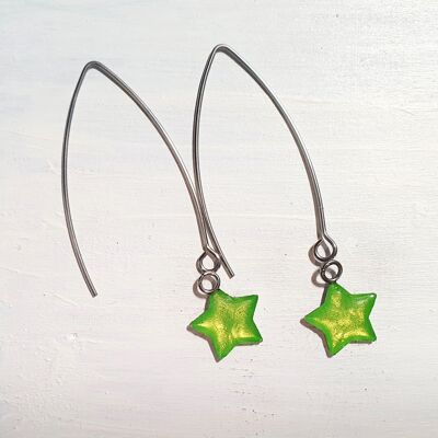 Long wire drop star earrings - iridescent green ,SKU904