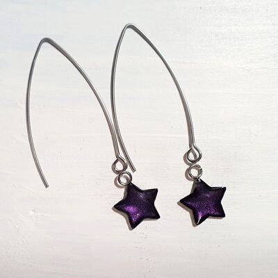 Long wire drop star earrings - Deep purple pearl ,SKU918