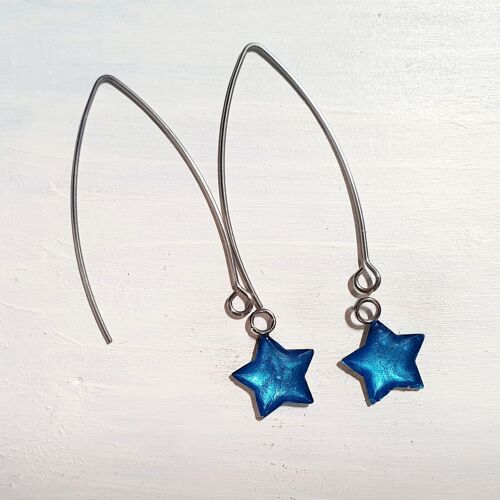 Long wire drop star earrings - Sea blue pearl ,SKU920