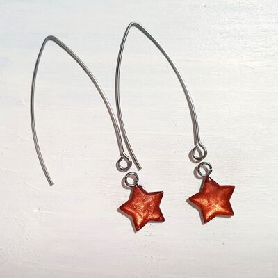 Long wire drop star earrings - Iridescent copper ,SKU922