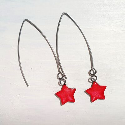 Long wire drop star earrings - Red pearl ,SKU924