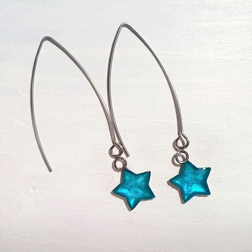 Long wire drop star earrings - Iridescent aqua ,SKU926