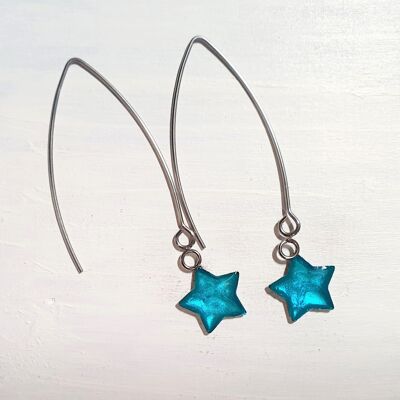 Boucles d'oreilles longues étoiles pendantes - Aqua irisé, SKU926