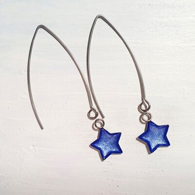 Pendientes largos de alambre con forma de estrella colgante - Perla de aciano, SKU927