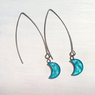 Boucles d'oreilles longues lune en fil de fer - bleu irisé, SKU931
