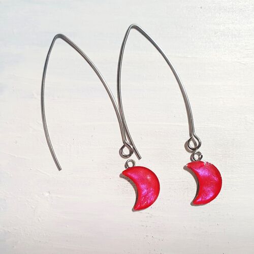 Long wire drop moon earrings - Iridescent pink ,SKU932