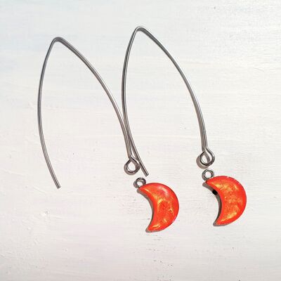 Long wire drop moon earrings - iridescent orange ,SKU934