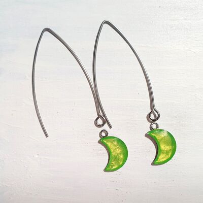 Long wire drop moon earrings - iridescent green ,SKU935