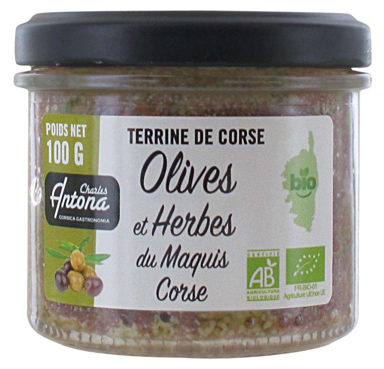 Terrina ecológica con aceitunas y hierbas del maquis corso 100 g