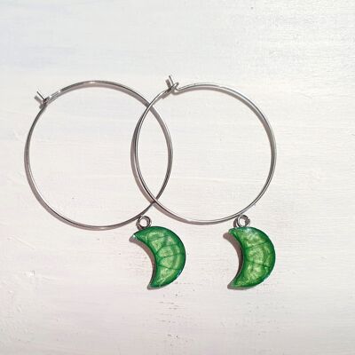 Moons on Round wire drop earrings - emerald ,SKU994