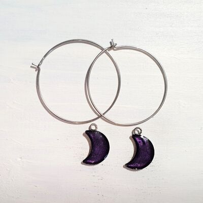 Boucles d'oreilles pendantes lunes sur fil rond - Perle violet foncé, SKU1001