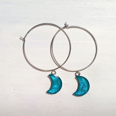 Pendientes colgantes de alambre Moons on Round - Azul iridiscente, SKU1003