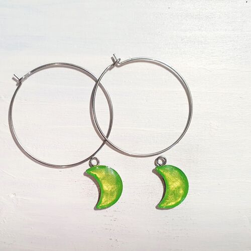 Moons on Round wire drop earrings - Iridescent green ,SKU1004