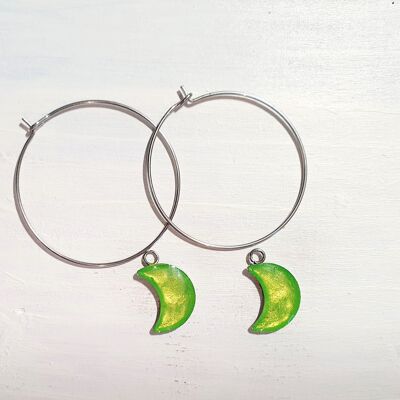 Boucles d'oreilles pendantes lunes sur fil rond - Vert irisé, SKU1004