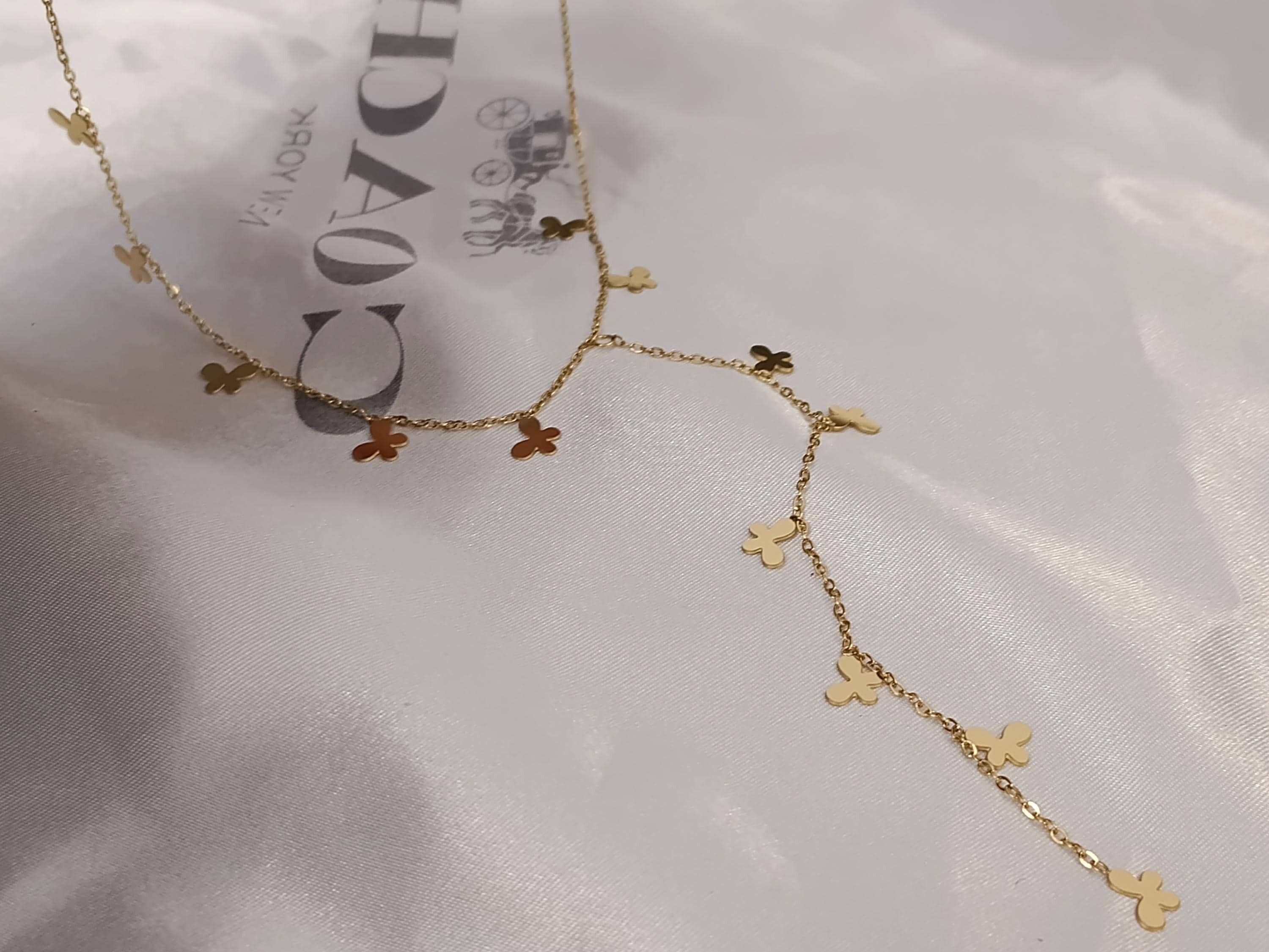 Long Y-shaped Stainless Steel Necklace, Polished Butterfly with Cubic Zirconia, 18K Gold Plated (PVD) + Extension Gift for Her