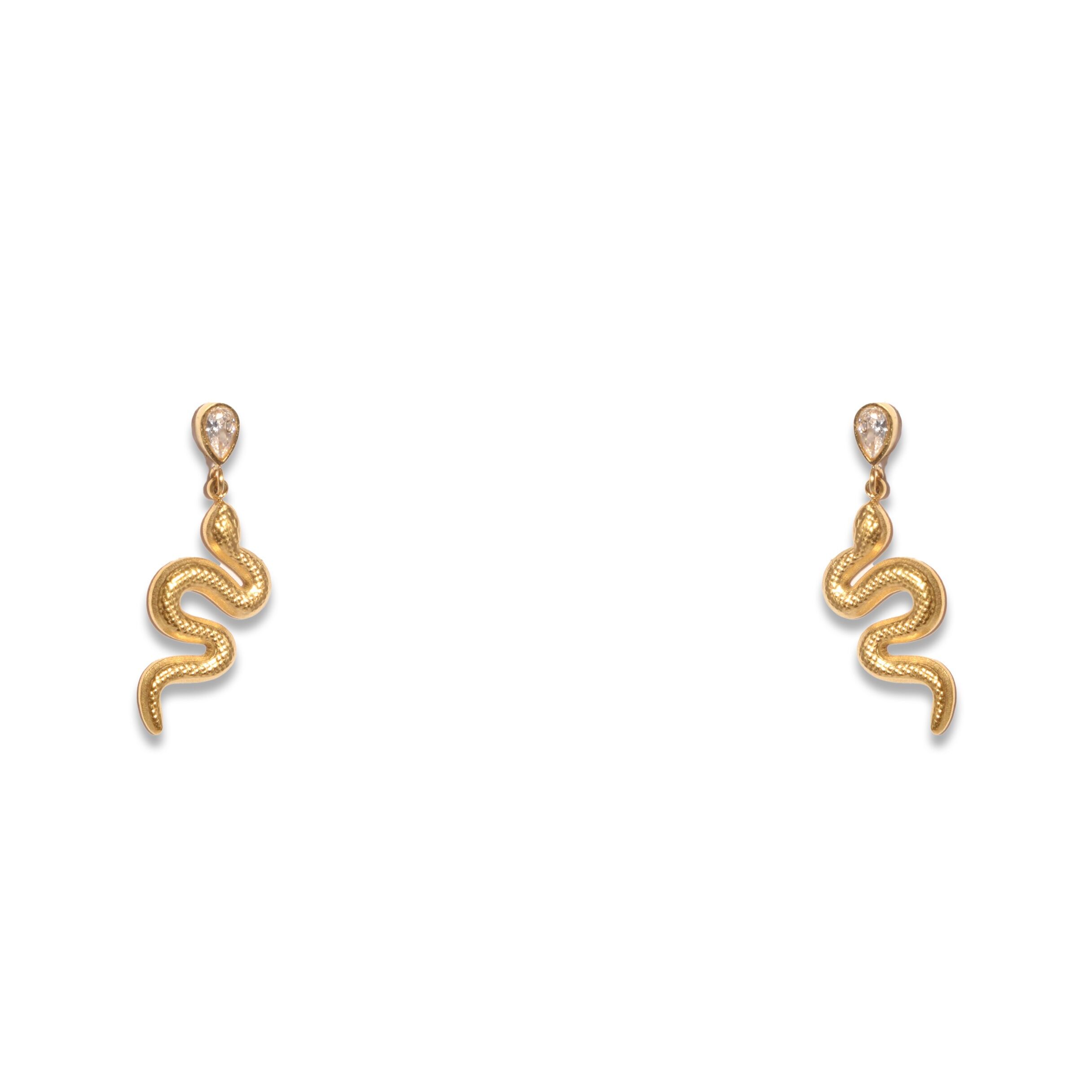 Steel snake earrings with rhinestone inverted teardrop