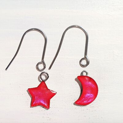 Boucles d'oreilles pendantes étoile/lune avec fils courts - Rose irisé ,SKU1081
