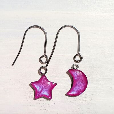 Boucles d'oreilles pendantes étoile/lune avec fils courts - Violet irisé ,SKU1082
