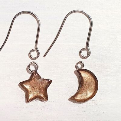 Boucles d'oreilles pendantes étoile/lune avec fils courts - Rose ,SKU1087
