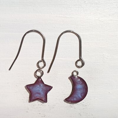 Star/Moon drop earrings with short wires - Violet ,SKU1089