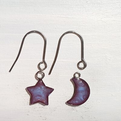 Boucles d'oreilles pendantes étoile/lune avec fils courts - Violet ,SKU1089