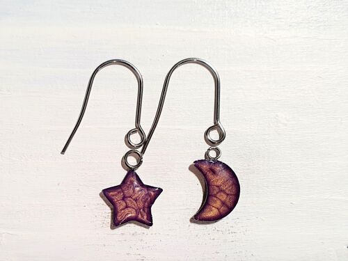 Star/Moon drop earrings with short wires - Purple ,SKU1090