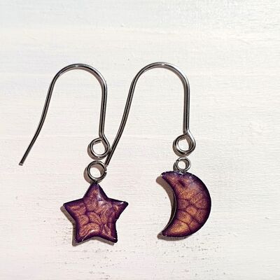Aretes colgantes de estrella / luna con alambres cortos - Púrpura, SKU1090