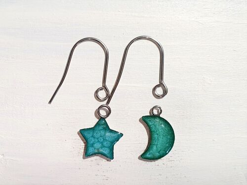 Star/Moon drop earrings with short wires - Turquoise ,SKU1091