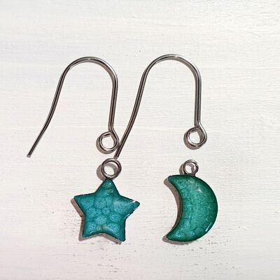 Boucles d'oreilles pendantes étoile/lune avec fils courts - Turquoise ,SKU1091