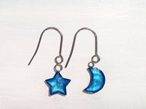 Star/Moon drop earrings with short wires - Sea blue pearl ,SKU1097