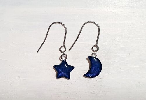 Star/Moon drop earrings with short wires - Midnight pearl ,SKU1099
