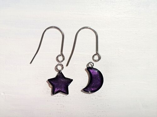 Star/Moon drop earrings with short wires - Deep purple pearl ,SKU1100
