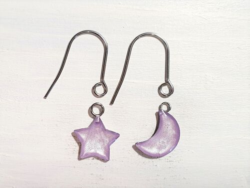 Star/Moon drop earrings with short wires - Lilac pearl ,SKU1101