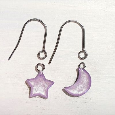 Boucles d'oreilles pendantes étoile/lune avec fils courts - Perle lilas ,SKU1101