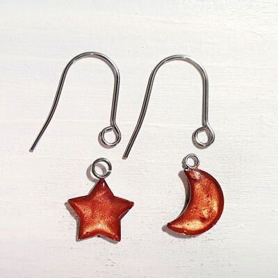 Boucles d'oreilles pendantes étoile/lune avec fils courts - Cuivre irisé ,SKU1102