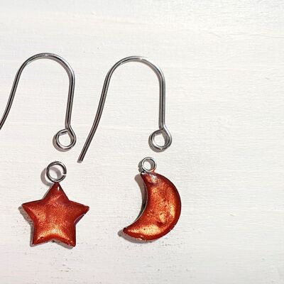 Star/Moon drop earrings with short wires - Iridescent copper ,SKU1102