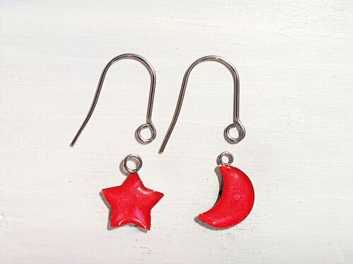 Star/Moon drop earrings with short wires - Red pearl ,SKU1104