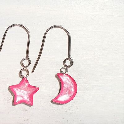 Star/Moon drop earrings with short wires - Candy floss pearl ,SKU1105