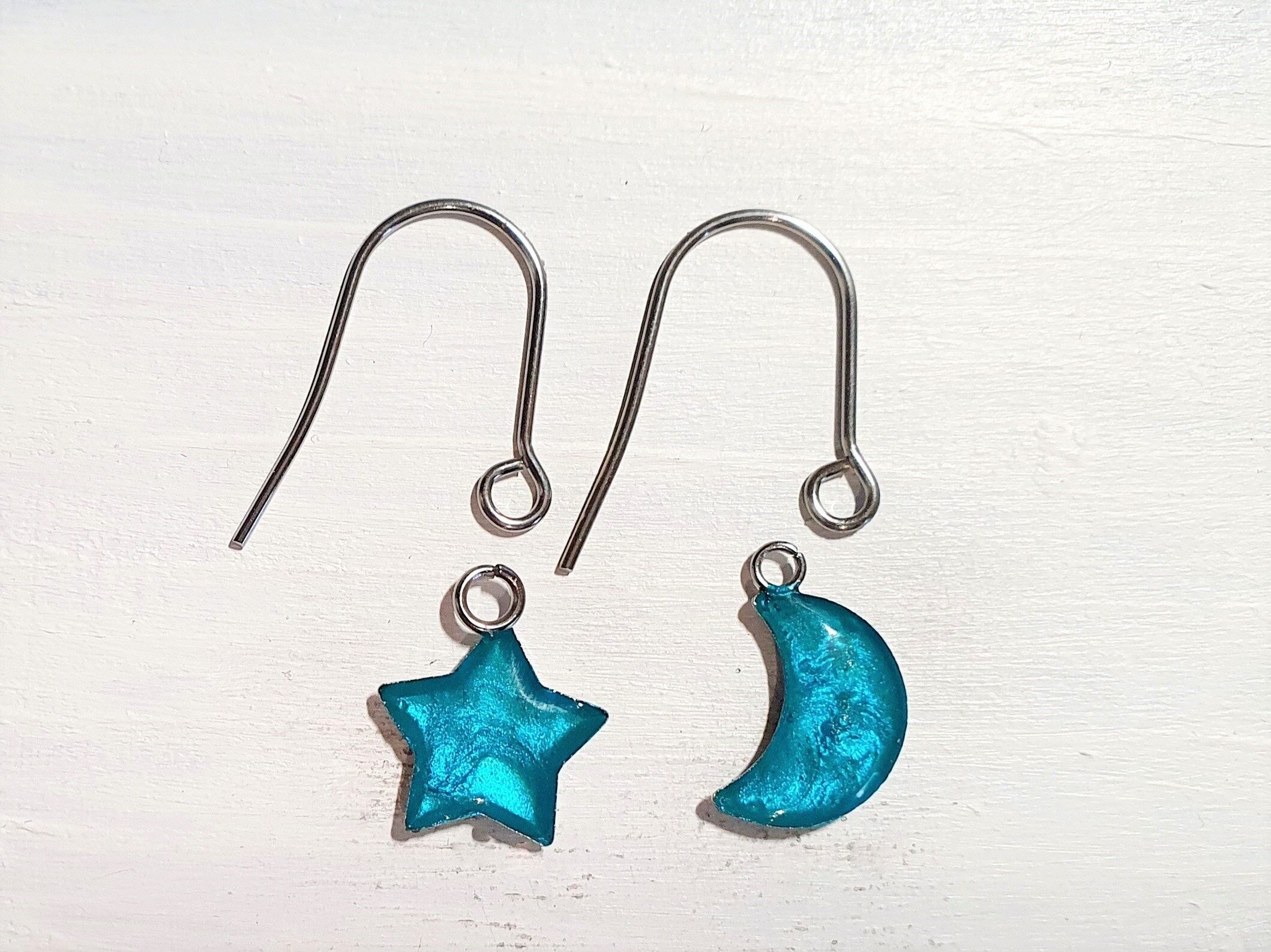 Star/Moon drop earrings with short wires - Iridescent aqua ,SKU1106